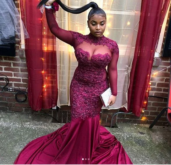 Lowest Prices Burgundy Wine Red Satin Prom Dresses Long Sleeve Lace Appliques Plus Size Evening Formal Gowns,DS4976