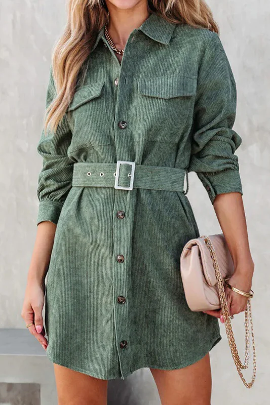 Time-Limited Offer WOMEN BUTTON DOWN CORDUROY BELTED SHORT DRESS