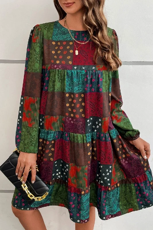 Members Only WOMEN PATTERN PATCHWORK CREW NECK SHORT DRESS