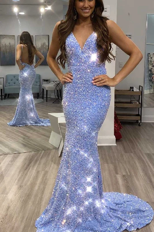 Daily Specials Shiny Blue Sequins Mermaid Backless Prom Dress,Sequined Evening Gown,Celebrity Dresses,DS4993