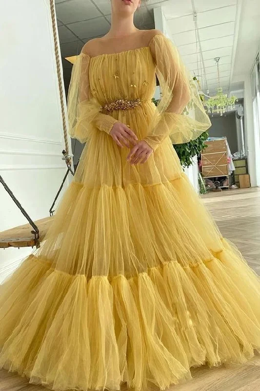 Savings Alert A-line Long Sleeve Tulle Illusion Neckline Prom Dresses With Beading,DS4886