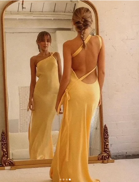 Price Reduction Yellow One Shoulder Backless Satin Long Party Dress,DP1961