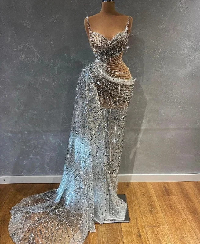 Can't Miss Gorgeous Beading Crystal Straps See Through Evening Party Dress,DS4967