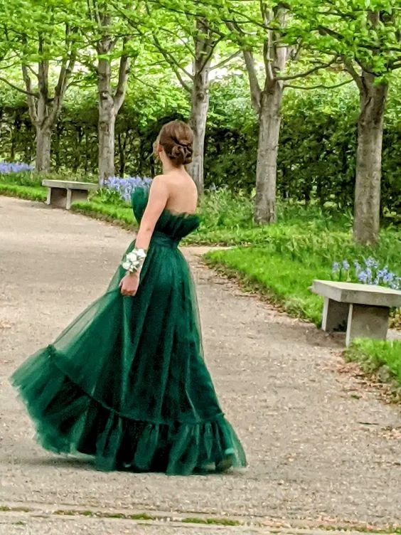 Flash Sale Hunter Green Strapless A-Line Tulle Long Party Dress Evening Gown,DP1806