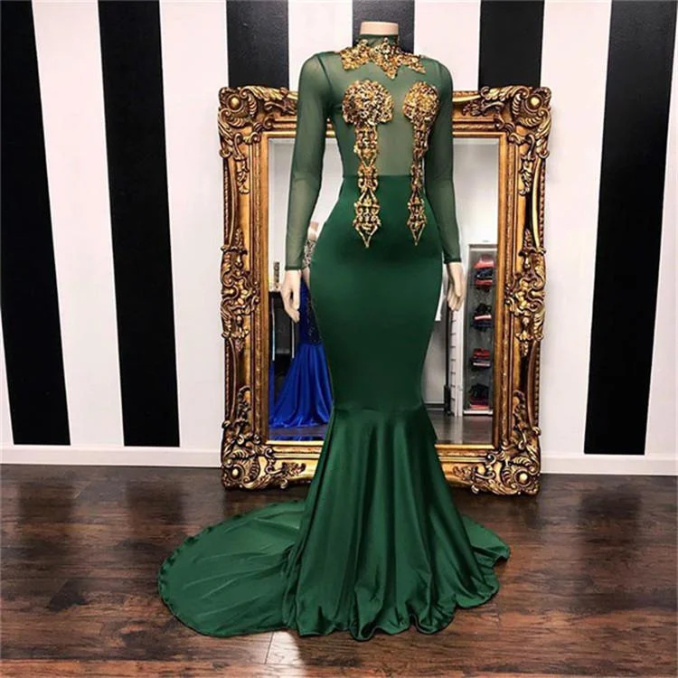Online Only Dark Green Mermaid Prom Dresses Sexy Illusion Top Gold Appliques Sheer Long Sleeve High Neck Evening Gowns ,DS4451 Online Only Dark Green Mermaid Prom Dresses Sexy Illusion Top Gold Appliques Sheer Long Sleeve High Neck Evening Gowns ,DS4451