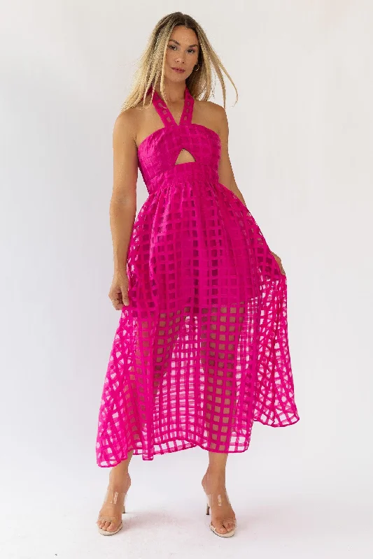 Act Fast Lola Pink Checked Organza Midi Dress - Final Sale