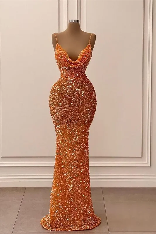 Final Clearance Orange V-Neck Mermaid Spaghetti-Straps Long Prom Dress With Sequins,DS4511 Final Clearance Orange V-Neck Mermaid Spaghetti-Straps Long Prom Dress With Sequins,DS4511