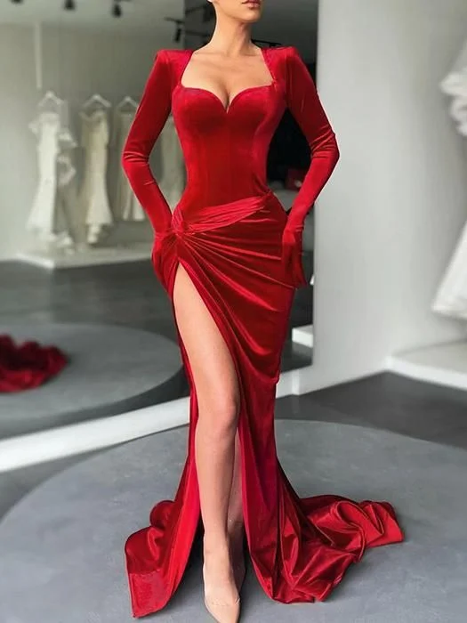 Special Buy Women's Dress Women's Dresses Square-Cut Collar Gloves Long Sleeve Split Evening Dress,DS4537 Special Buy Women's Dress Women's Dresses Square-Cut Collar Gloves Long Sleeve Split Evening Dress,DS4537
