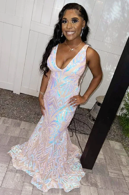Markdowns Glitter Mermaid v-Neck Sequined Long Prom Dress,DS4455