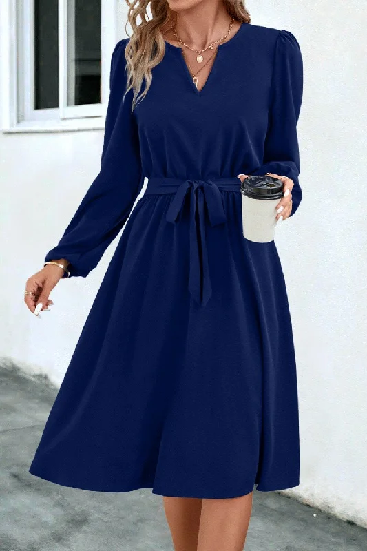 Year-End Sale WOMEN V NECK LONG SLEEVE BELTED KNEE LENGTH DRESS