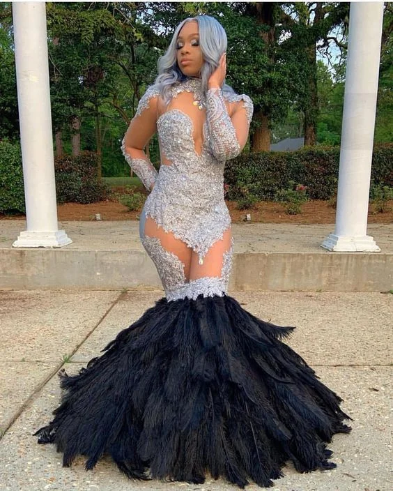 Bargain Prices LONG SLEEVESS LACE APPLIQUES ILLUSION FUR TRAIN MERMAID SILVER PROM DRESSES,DS4519 Bargain Prices LONG SLEEVESS LACE APPLIQUES ILLUSION FUR TRAIN MERMAID SILVER PROM DRESSES,DS4519