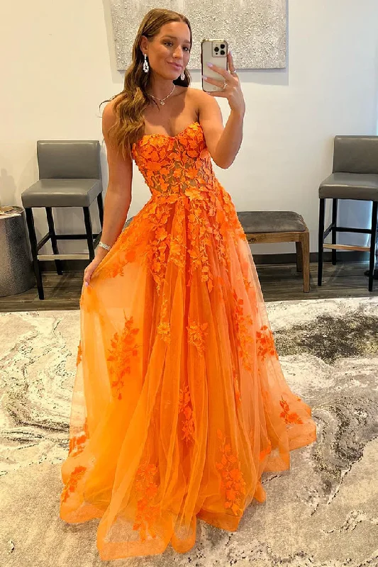 Buy More, Save More A-line Strapless Orange Lace Appliques Senior Prom Dress,DS5000