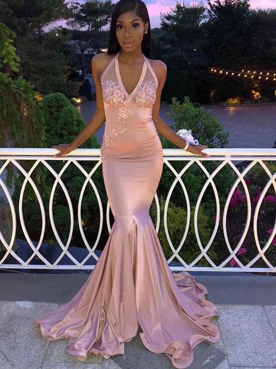 Discount Mania Gorgeous Mermaid Sleeveless Halter Applique Elastic Woven Satin Prom Dresses,DS4992