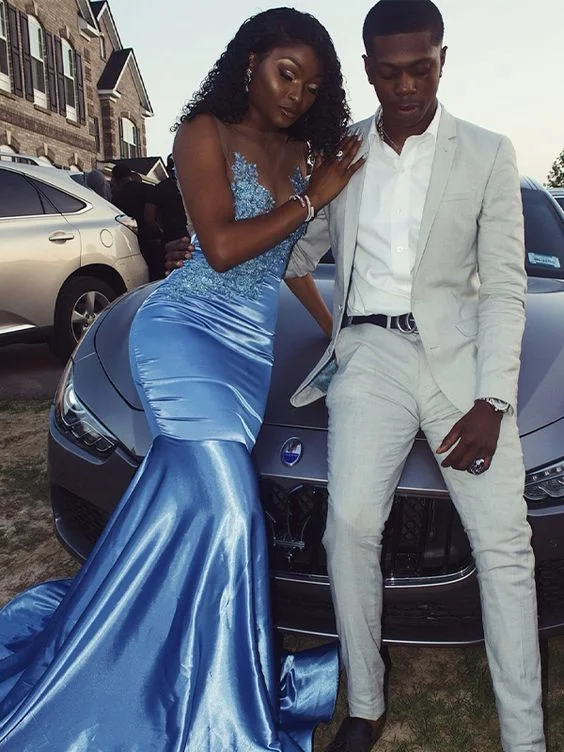 Final Clearance Black Girl Prom Dresses Mermaid Long Blue Satin Applique Scoop Sleeveless Prom Dress,DS4879