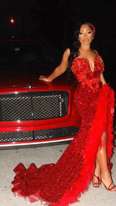 Price Drop Black Girl Sexy Sequins Red V Neck Long Prom Dress with Feather, BL18609 Price Drop Black Girl Sexy Sequins Red V Neck Long Prom Dress with Feather, BL18609