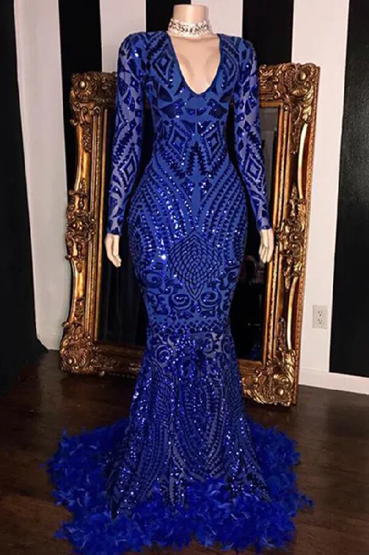 Don't Wait Royal Blue Mermaid V-neck Long Prom Dresses With Sleeves, Evening Gown,DS4882