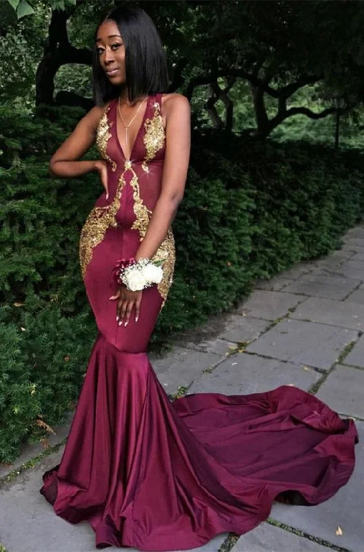 Fantastic Offers Burgundy V-Neck Prom Dress, Mermaid Evening Dress,DS4880