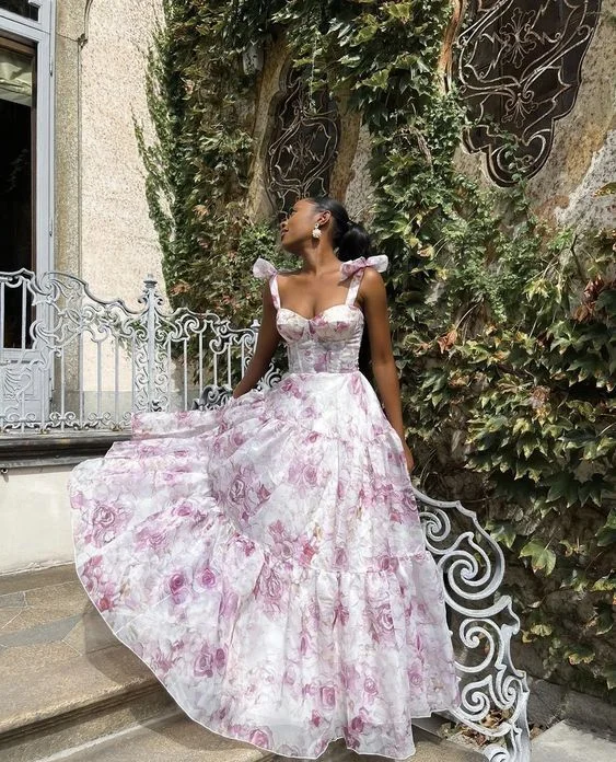 Value Deals Floral Printed A-Line Straps Chiffon Long Party Dress,DP1933