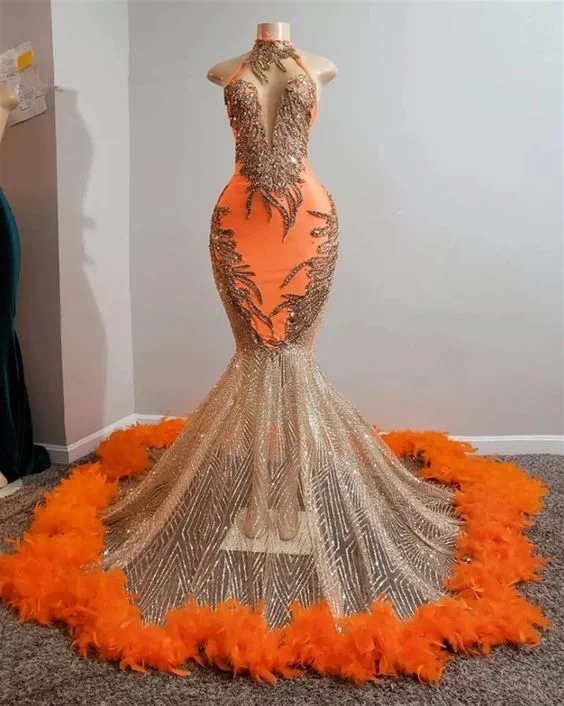 Buy More, Save More Orange South African Prom Dresses Mermaid Appliques Beaded Feather Black Girls,BL18621 Buy More, Save More Orange South African Prom Dresses Mermaid Appliques Beaded Feather Black Girls,BL18621