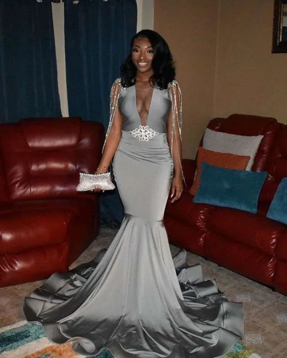 Stock Clearance black girl prom dresses gloumous sliver appliques mermaid prom dresses | Spring Vibes Cute Spring Outfits Summer Fashion,DS4938