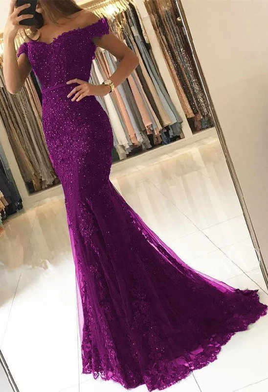 Unmissable Offer Off Shoulder Lace V-neck Mermaid Prom Dresses Purple Formal Evening Gowns,DS4668 Unmissable Offer Off Shoulder Lace V-neck Mermaid Prom Dresses Purple Formal Evening Gowns,DS4668