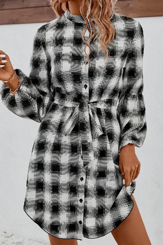 Grand Opening Sale HIGH NECK PLAID BALLOON LONGSLEEVE DRESS SHIRTS