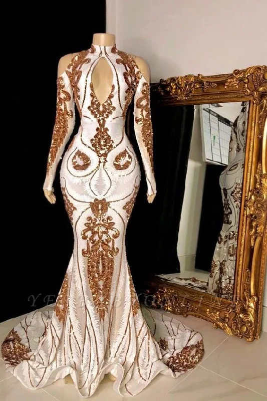 Epic Deals White and Gold High Neck Keyhole Long Sleeves Mermaid Prom Dresses,DS4616 Epic Deals White and Gold High Neck Keyhole Long Sleeves Mermaid Prom Dresses,DS4616