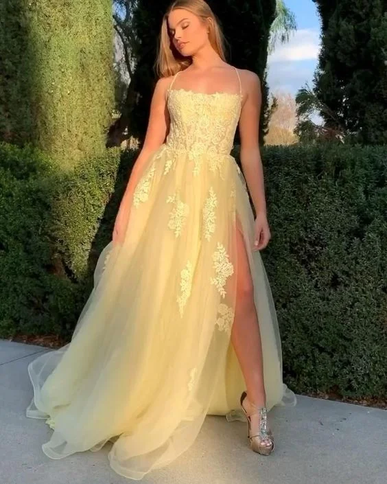 Savings Bonanza Yellow Lace Prom Dresses A Line Evening Gowns,DS4890