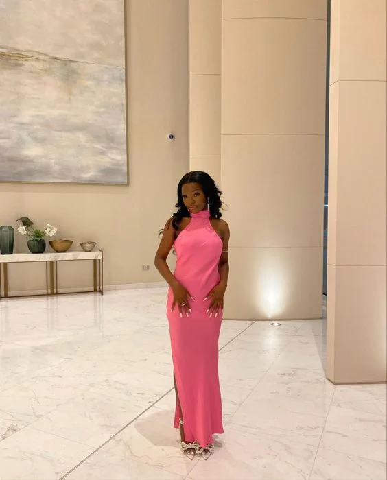 New Arrival Pink Halter Black Girl Wedding Gueat Dress Long Party Dress with Slit,DP1805