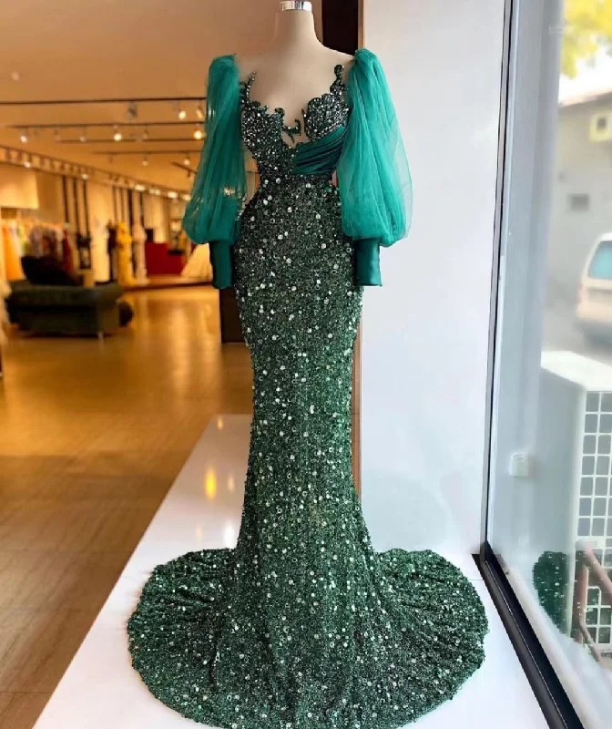 Hurry In hunter green evening dresses long sleeve modest elegant sparkly mermaid luxury formal party dresses women evening gown,DS4955