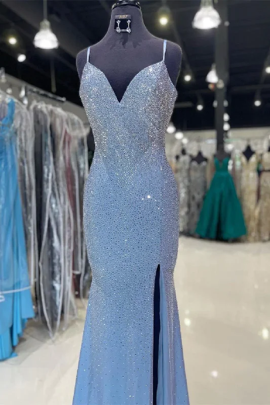 Early Bird Discount Spaghetti Straps Side Slit Light Blue Long Formal Dress,DS4921