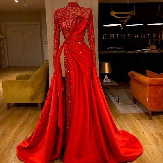 Special Price red prom dresses 2022 sparkly pleats evening dresses side slit formal dresses sequins evening dress,DS4939