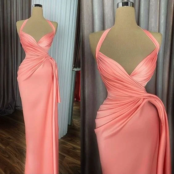 Clearance Items Peach Prom Dresses, Pleats Prom Dresses, Halter Prom Dresses, Satin Evening Dresses, New Arrival Prom Dresses, 2022 Prom Dresses,DS4996