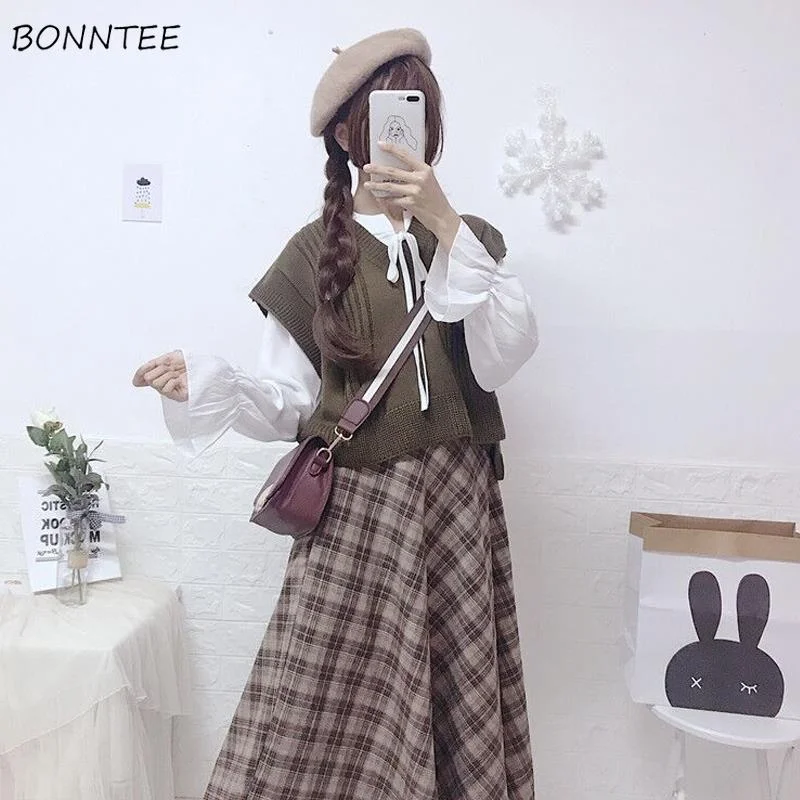YEAR-End Clearance Awakecrm Christmas Gift Women Sets 3PCS Ruffles Bow Shirts Elegant Vest Knitter Sweaters Plaid Skirts Female Sweet Korean Preppy Style Loose Streetwear YEAR-End Clearance Awakecrm Christmas Gift Women Sets 3PCS Ruffles Bow Shirts Elegant Vest Knitter Sweaters Plaid Skirts Female Sweet Korean Preppy Style Loose Streetwear