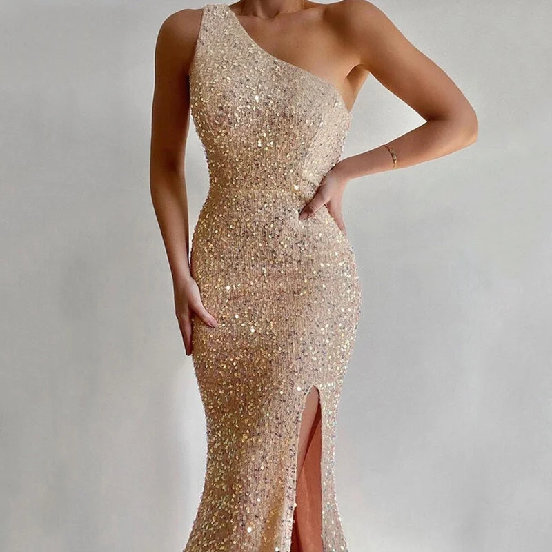 Closeout Awakecrm Elegant Party Sequin Long Dress Sleeveless Split Bodycon Bling One Shoulder Strap Dress Party New Year Closeout Awakecrm Elegant Party Sequin Long Dress Sleeveless Split Bodycon Bling One Shoulder Strap Dress Party New Year