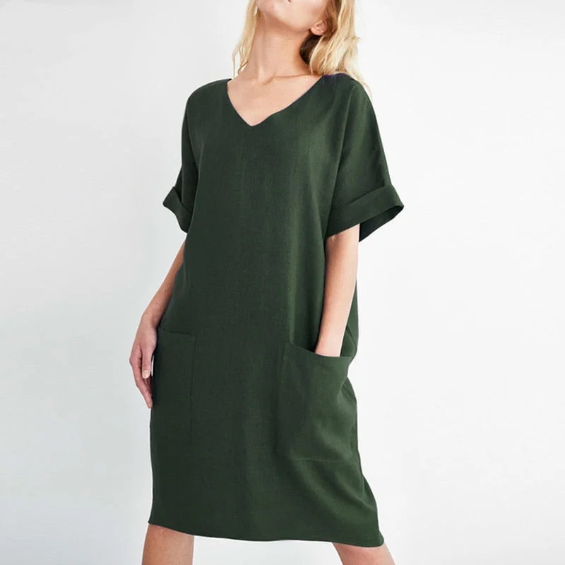 Unmissable Offer Back to school Women Casual Short Sleeve V Neck Cotton Linen Loose Dress Vintage Solid Pockets Oversized Dress Elegant Beach Holiday Mini Dress Unmissable Offer Back to school Women Casual Short Sleeve V Neck Cotton Linen Loose Dress Vintage Solid Pockets Oversized Dress Elegant Beach Holiday Mini Dress