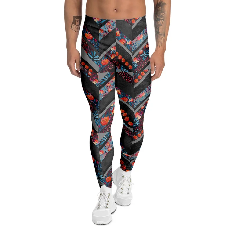 Stock Up and Save Chevron Watercolor Flowers Print Pattern Men's Leggings