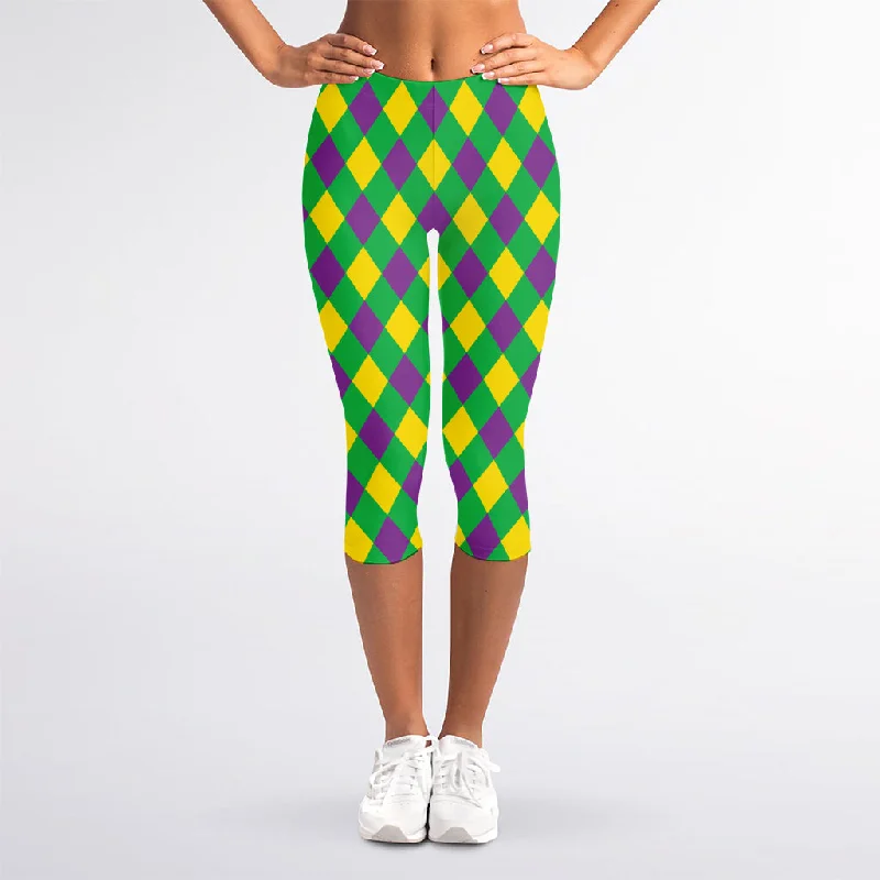 Year-End Clearance Mardi Gras Plaid Pattern Print Women's Capri Leggings