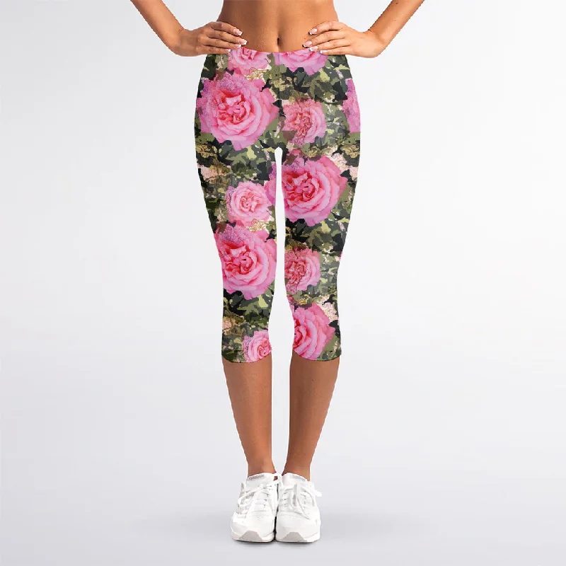 Online Only Military Camouflage Flower Pattern Print Women's Capri Leggings
