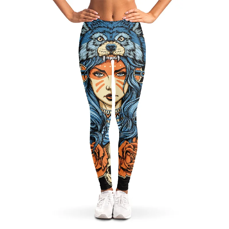Savings Spectacular Native American Wolf Girl Print Women's Leggings