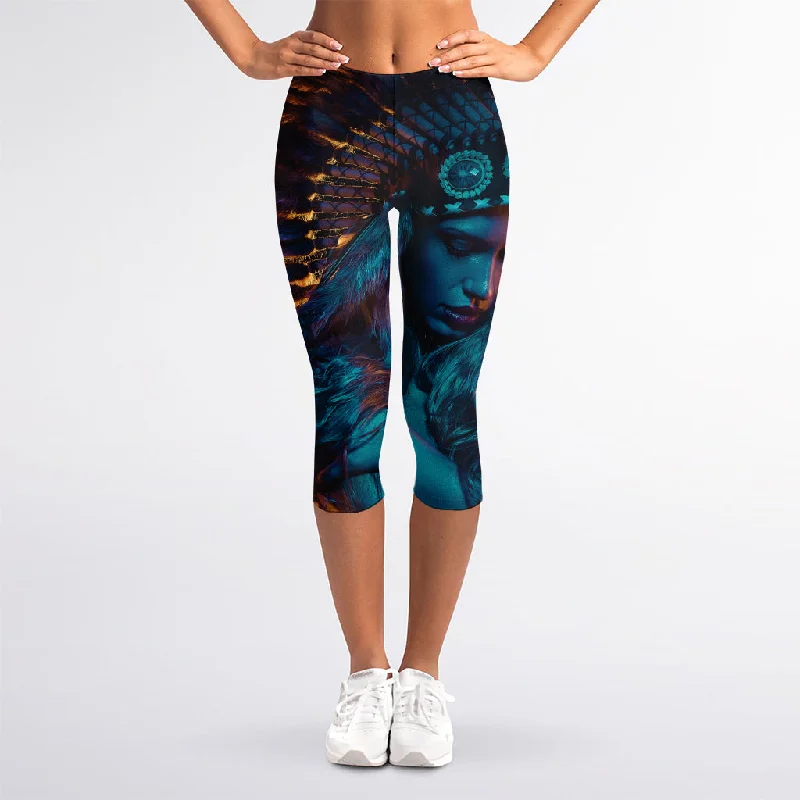 Fantastic Offers Native Indian Girl Portrait Print Women's Capri Leggings