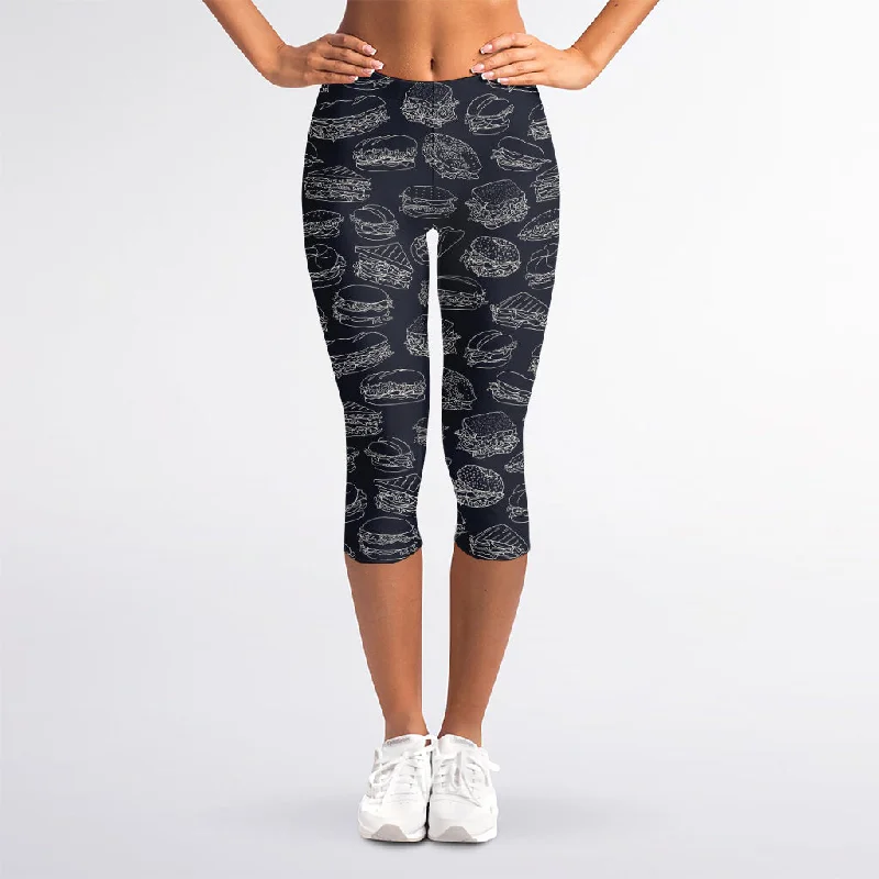 Super Savings Navy Doodle Sandwich Pattern Print Women's Capri Leggings