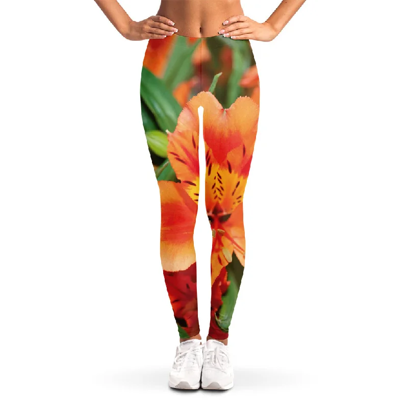 Can't Miss Orange Alstroemeria Print Women's Leggings