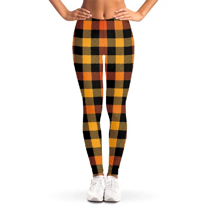 Deal Mania Orange And Black Buffalo Plaid Print Women's Leggings