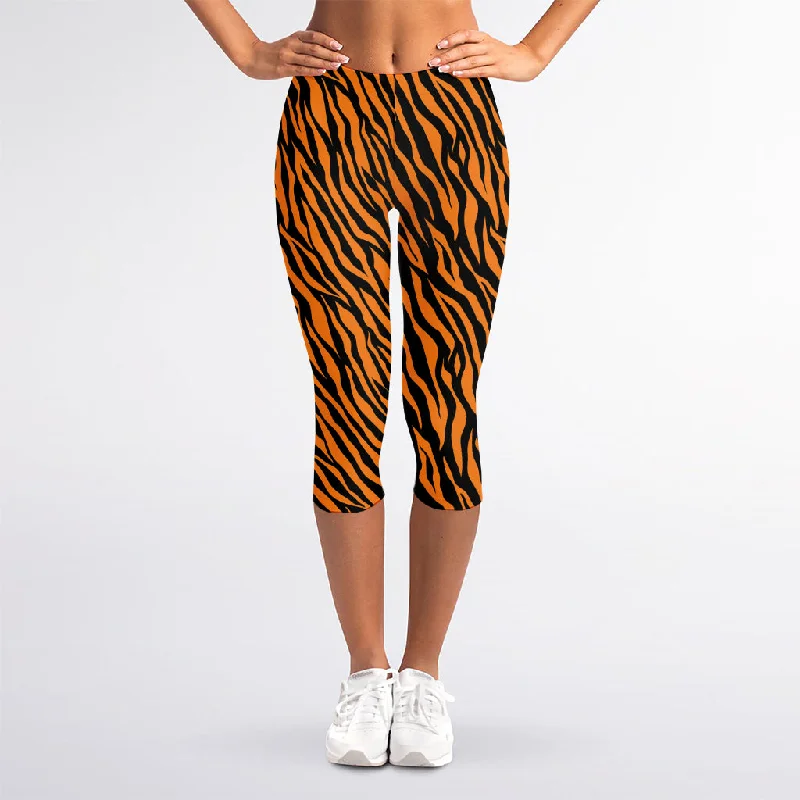Special Discount Orange And Black Tiger Stripe Print Women's Capri Leggings