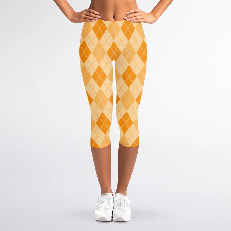Closeout Orange Argyle Pattern Print Women's Capri Leggings