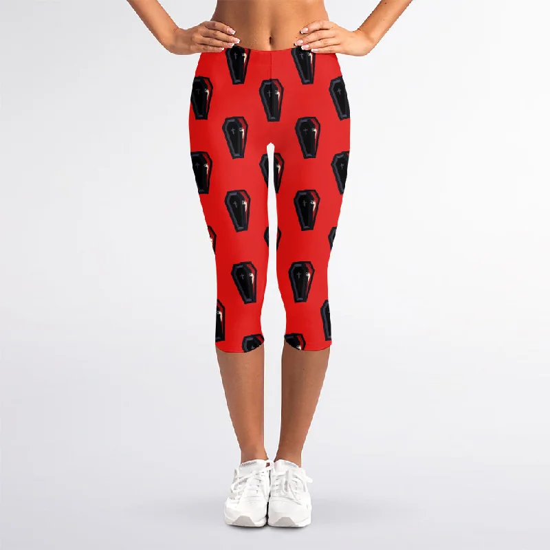 While Supplies Last Orange Halloween Coffin Pattern Print Women's Capri Leggings