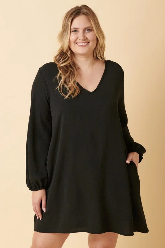 Special Price Black V Neck Balloon Sleeve Dress