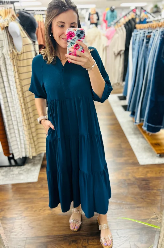 Seasonal Clearance Button Front Tiered Maxi Dress Teal