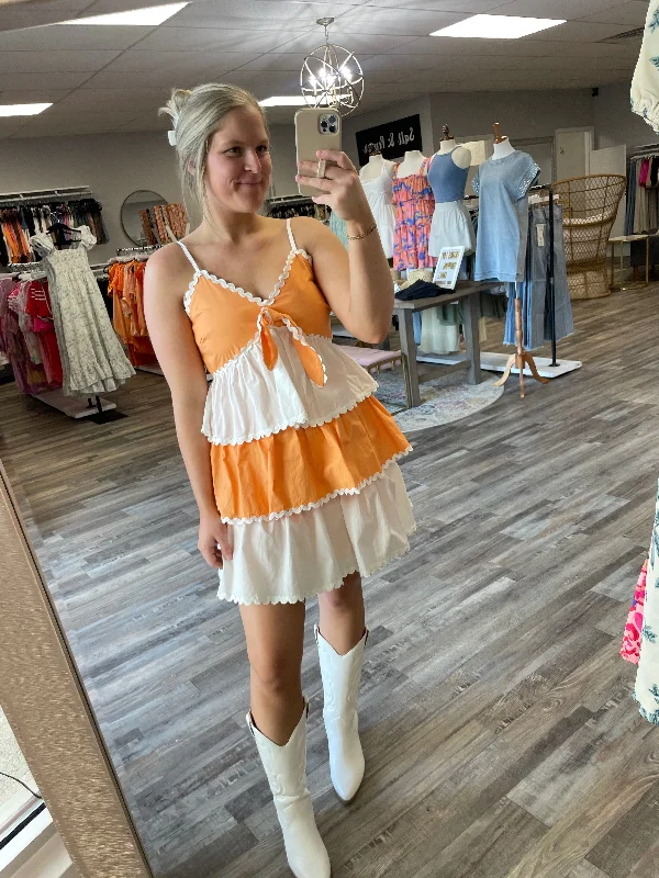 Price Reduction Contrast Tiered Dress - White/Orange